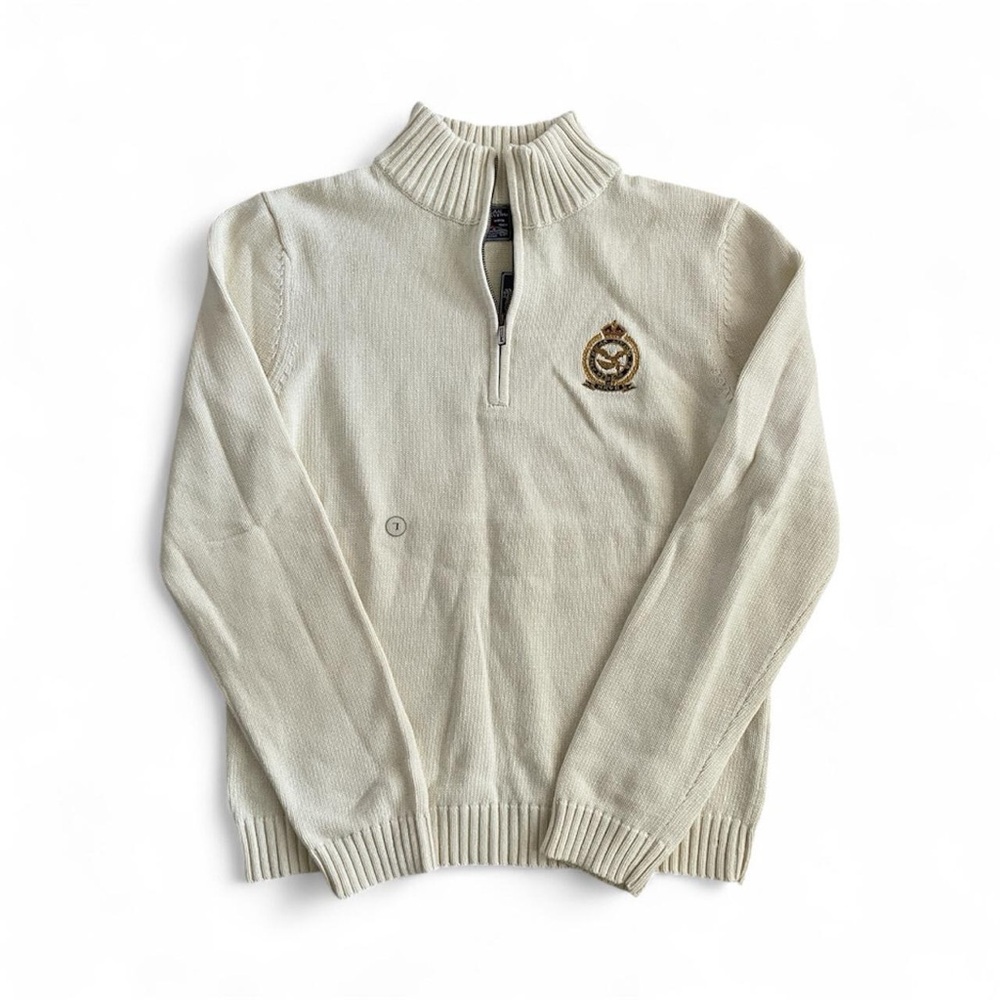 NWT American Living Quarter Zip‎ Cotton Cream Mock Neck Pull Over Logo Sweater L
